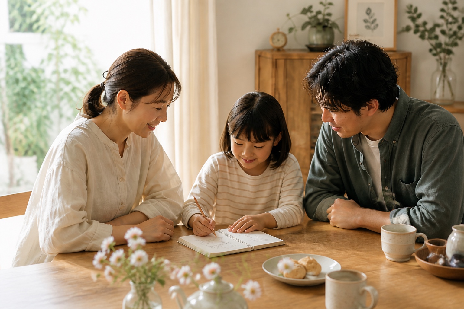 A family gathered around a notebook at a bright dining table