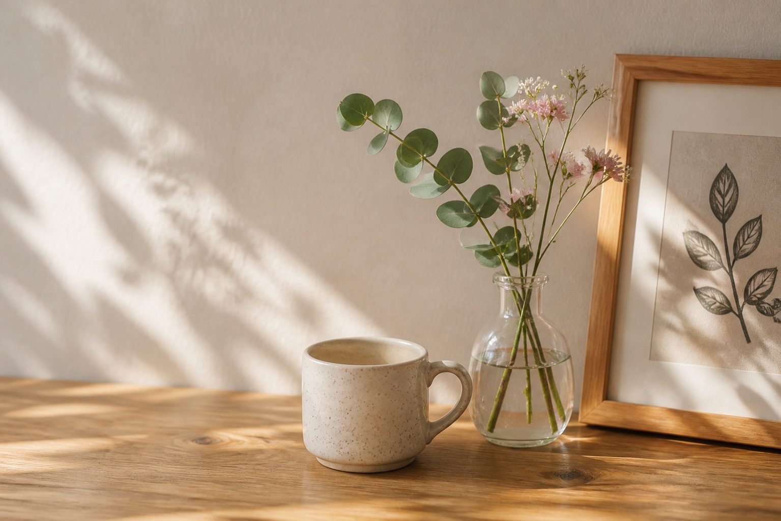 A ceramic mug, flowers, and botanical print on a sunlit wooden table